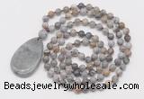 GMN5210 Hand-knotted 8mm, 10mm silver needle agate 108 beads mala necklace with pendant