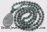 GMN5216 Hand-knotted 8mm, 10mm moss agate 108 beads mala necklace with pendant