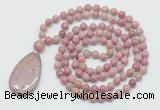 GMN5219 Hand-knotted 8mm, 10mm pink wooden jasper 108 beads mala necklace with pendant