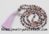 GMN5702 Hand-knotted 6mm matte rhodonite 108 beads mala necklaces with tassel & charm