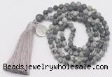 GMN5703 Hand-knotted 6mm matte black water jasper 108 beads mala necklaces with tassel & charm