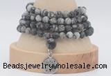 GMN5813 Hand-knotted 6mm matter black water jasper 108 beads mala necklaces with charm