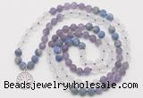 GMN6001 Knotted 8mm, 10mm matte amethyst, white crystal & lapis lazuli 108 beads mala necklace with charm