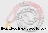 GMN6002 Knotted 8mm, 10mm rose quartz & white howlite 108 beads mala necklace with charm