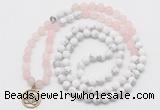 GMN6003 Knotted 8mm, 10mm rose quartz & white howlite 108 beads mala necklace with charm