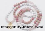 GMN6004 Knotted 8mm, 10mm white howlite, pink jasper & rose quartz 108 beads mala necklace with charm