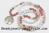 GMN6005 Knotted 8mm, 10mm white howlite, cherry quartz & red jasper 108 beads mala necklace with charm