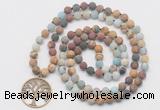 GMN6006 Knotted 8mm, 10mm matte mixed amazonite & jasper 108 beads mala necklace with charm