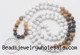 GMN6008 Knotted 8mm, 10mm matte white howlite & mixed gemstone 108 beads mala necklace with charm