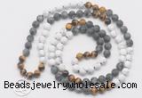 GMN6009 Knotted 8mm, 10mm matte white howlite & black labradorite 108 beads mala necklace with charm