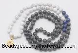 GMN6010 Knotted 8mm, 10mm matte white howlite & black labradorite 108 beads mala necklace with charm