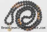 GMN6015 Knotted 8mm, 10mm black lava & yellow tiger eye 108 beads mala necklace with charm