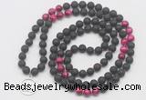 GMN6016 Knotted 8mm, 10mm black lava & red tiger eye 108 beads mala necklace with charm