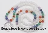 GMN6019 Knotted 7 Chakra 8mm, 10mm white jade 108 beads mala necklace with charm