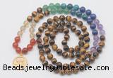 GMN6024 Knotted 7 Chakra 8mm, 10mm yellow tiger eye 108 beads mala necklace with charm