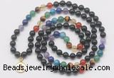 GMN6027 Knotted 7 Chakra 8mm, 10mm black obsidian 108 beads mala necklace with charm