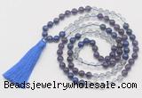 GMN6100 Knotted 8mm, 10mm amethyst, white crystal & lapis lazuli 108 beads mala necklace with tassel