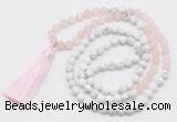 GMN6103 Knotted 8mm, 10mm rose quartz & white howlite 108 beads mala necklace with tassel