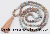 GMN6106 Knotted 8mm, 10mm matte mixed amazonite & jasper 108 beads mala necklace with tassel