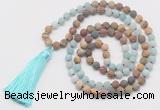 GMN6107 Knotted 8mm, 10mm matte amazonite & jasper 108 beads mala necklace with tassel