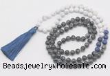 GMN6110 Knotted 8mm, 10mm matte white howlite & black labradorite 108 beads mala necklace with tassel