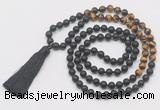 GMN6111 Knotted 8mm, 10mm matte black agate & yellow tiger eye 108 beads mala necklace with tassel