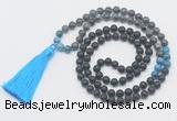 GMN6118 Knotted 8mm, 10mm matte black agate, black labradorite & apatite 108 beads mala necklace with tassel