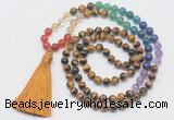 GMN6124 Knotted 7 Chakra 8mm, 10mm yellow tiger eye 108 beads mala necklace with tassel