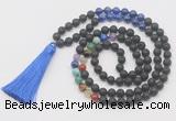 GMN6128 Knotted 7 Chakra 8mm, 10mm black lava & lapis lazuli 108 beads mala necklace with tassel