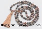 GMN6130 Knotted 8mm, 10mm wooden jasper 108 beads mala necklace with tassel