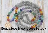 GMN6137 Knotted 7 Chakra 8mm, 10mm labradorite 108 beads mala necklace with charm