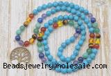 GMN6140 Knotted 7 Chakra 8mm, 10mm turquoise 108 beads mala necklace with charm