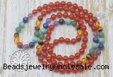 GMN6141 Knotted 7 Chakra 8mm, 10mm red agate 108 beads mala necklace with charm