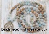 GMN6144 Knotted 8mm, 10mm matte amazonite & picture jasper 108 beads mala necklace with charm