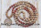 GMN6146 Knotted 8mm, 10mm matte picture jasper & red jasper 108 beads mala necklace with charm