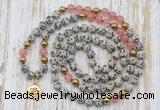 GMN6147 Knotted 8mm, 10mm dalmatian jasper & cherry quartz 108 beads mala necklace with charm