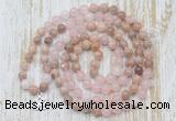 GMN6155 Knotted 8mm, 10mm sunstone, rose quartz & white jade 108 beads mala necklace with charm