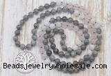 GMN6156 Knotted 8mm, 10mm labradorite, rose quartz & white moonstone 108 beads mala necklace with charm