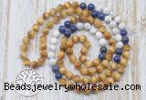 GMN6157 Knotted 8mm, 10mm golden tiger eye, lapis lazuli & matte white howlite 108 beads mala necklace with charm