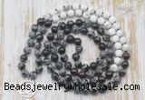 GMN6159 Knotted 8mm, 10mm snowflake obsidian, garnet & matte white howlite 108 beads mala necklace with charm