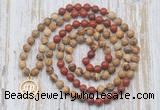 GMN6160 Knotted 8mm, 10mm picture jasper & red jasper 108 beads mala necklace with charm