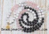 GMN6162 Knotted 8mm, 10mm black agate, rose quartz & white howlite 108 beads mala necklace with charm