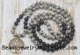 GMN6165 Knotted 8mm, 10mm dalmatian jasper, black lava & garnet 108 beads mala necklace with charm