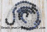 GMN6166 Knotted 8mm, 10mm matte sodalite, white crystal  & black agate 108 beads mala necklace with charm