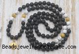 GMN6168 Knotted 8mm, 10mm black lava, matte white howlite & golden tiger eye 108 beads mala necklace with charm