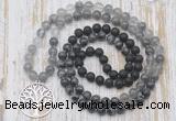 GMN6170 Knotted 8mm, 10mm black lava, black labradorite & cloudy quartz 108 beads mala necklace with charm