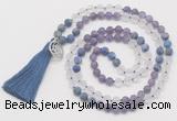 GMN6201 Knotted amethyst, white crystal & lapis lazuli 108 beads mala necklace with tassel & charm