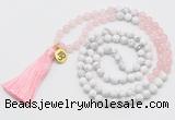 GMN6202 Knotted rose quartz & white howlite 108 beads mala necklace with tassel & charm