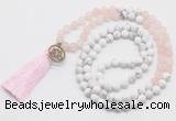 GMN6203 Knotted matte rose quartz & white howlite 108 beads mala necklace with tassel & charm