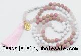 GMN6204 Knotted white howlite, pink jasper & rose quartz 108 beads mala necklace with tassel & charm